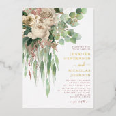 モダン金ゴールドフローラダスティバラ結婚ズ 箔招待状 (正面)