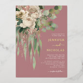 モダン金ゴールドフローラダスティバラ結婚ズ 箔招待状 (正面)