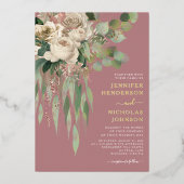 モダン金ゴールドフローラダスティバラ結婚ズ 箔招待状 (正面)