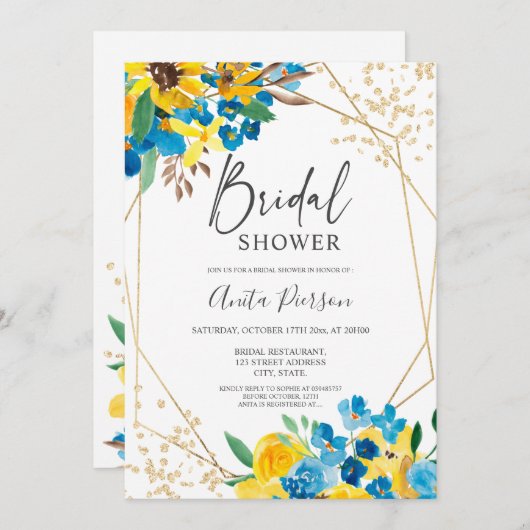 モダン金ゴールドフローラ水色ブライダルシャワー 招待状 (正面/裏面)