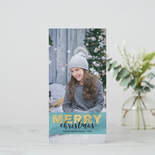 モダン金ゴールドブエレガントルーメリークリスマスフォトカード シーズンカード (スタンド正面)