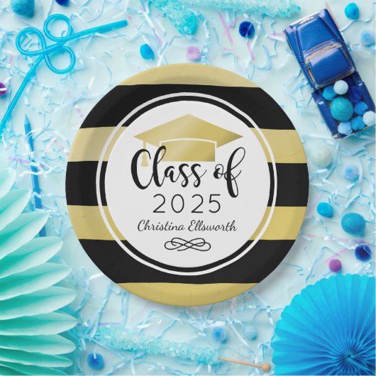 モダン金ゴールドブストライプラックカスタム卒業パーティー ペーパープレート (パーティー)