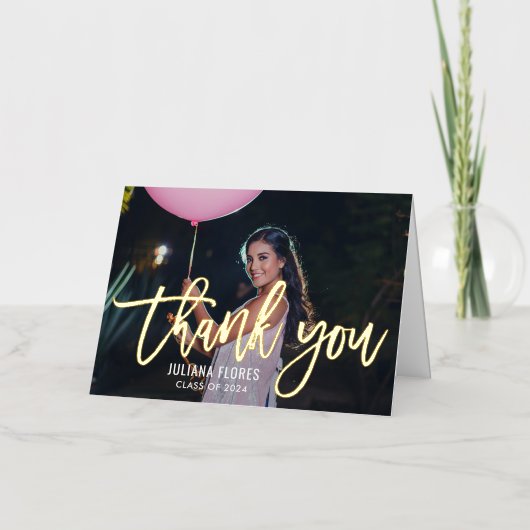 モダン金ゴールドブラシ付きスクリプト卒業感謝してい写真 箔グリーティングカード (正面)