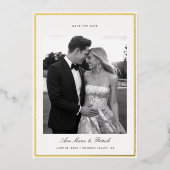 モダン金ゴールドブラシ付きフレーム結婚写真の日付 箔招待状 (正面)