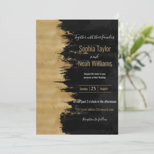 モダン金ゴールドブラックのブラシストロークの抽象芸術絵画の (スタンド正面)