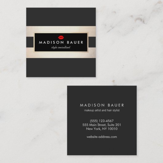 モダン金ゴールドブラックストライプの美しいサロン スクエア名刺 (正面/裏面)