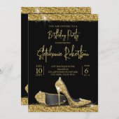 モダン金ゴールドブラックハイヒール誕生会 招待状 (正面/裏面)