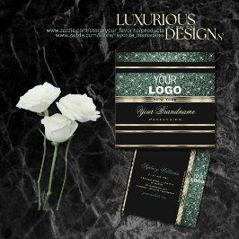 モダン金ゴールドブラックフォレストグリーングリッター追加ロゴ スクエア名刺