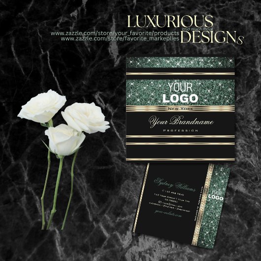 モダン金ゴールドブラックフォレストグリーングリッター追加ロゴ スクエア名刺