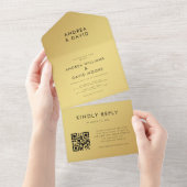 モダン金ゴールドブラックミニマリストQRコードRSVP結婚's オールインワン招待状 (貼ってはがせる)