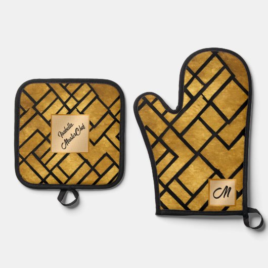 モダン金ゴールドブラックヴィンテージアールデコ収集 鍋つかみ&鍋敷きセット (正面)