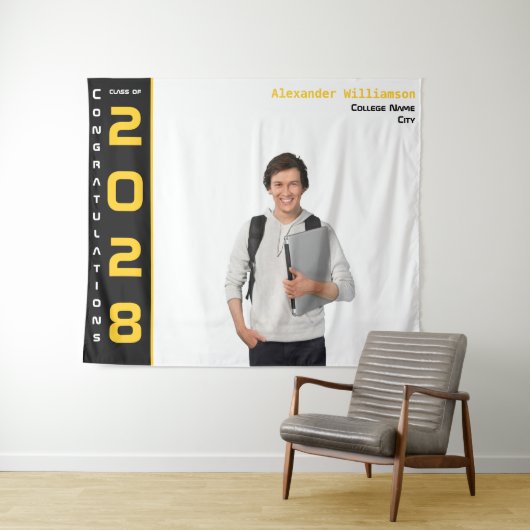 モダン金ゴールドブラック卒業写真パーティー タペストリー (インサイチュ(横))