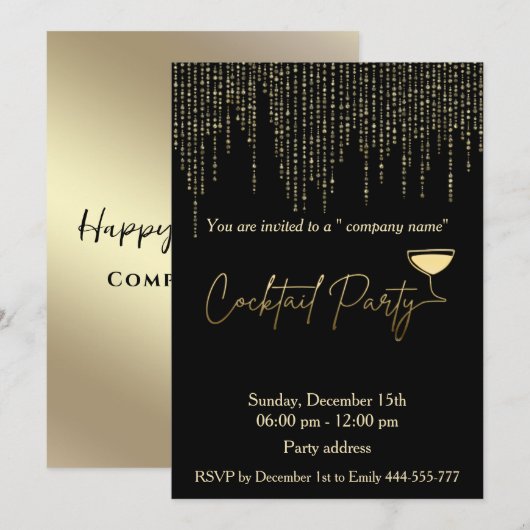 モダン金ゴールドブラック・ホリ・カクテルパーティー企業の 招待状 (正面/裏面)