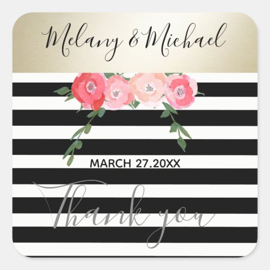 モダン金ゴールドブラック/ホワイトストライプバラありがとう スクエアシール (正面)