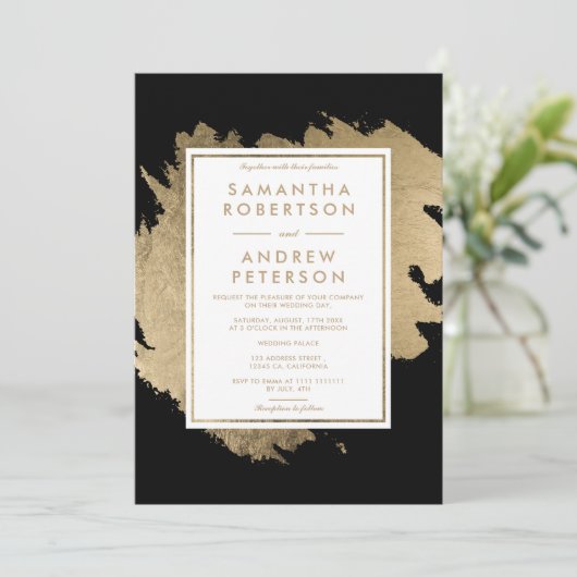 モダン金ゴールドブラッシュストローク白黒シック結婚ズ 招待状 (スタンド正面)