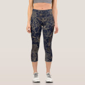 モダン金ゴールドブルーフローラドールラインアート カプリレギンス (正面)