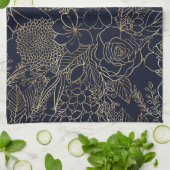 モダン金ゴールドブルーフローラドールラインアート キッチンタオル (折り畳み)