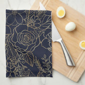 モダン金ゴールドブルーフローラドールラインアート キッチンタオル (四つ折り)