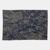 モダン金ゴールドブルーフローラドールラインアート キッチンタオル (横)