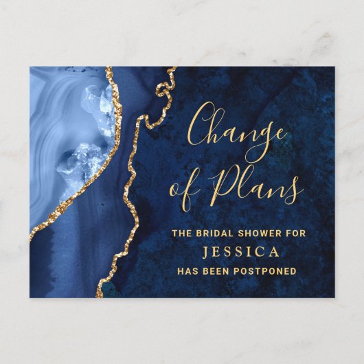 モダン金ゴールドブルーマーブルブライダルシャワー延期 ポストカード (正面)