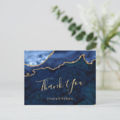 モダン金ゴールドブルー大理石アガテ結婚さんありがとう ポストカード (スタンド正面)