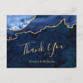 モダン金ゴールドブルー大理石アガテ結婚さんありがとう ポストカード (正面)
