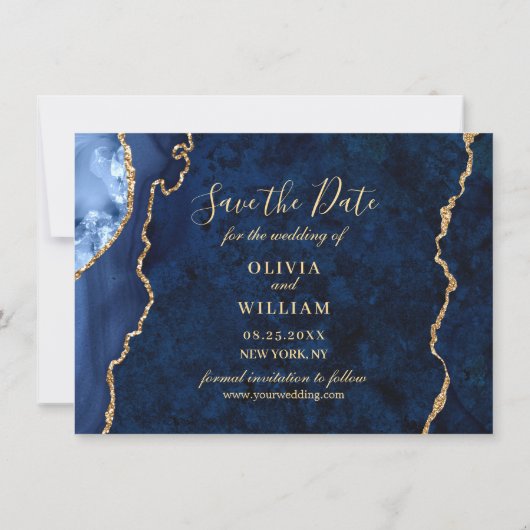 モダン金ゴールドブルー大理石アゲート結婚フォト救T セーブザデート (裏面)