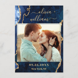 モダン金ゴールドブルー大理石アゲートPHOTO 結婚's セーブザデート
