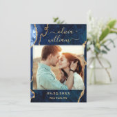 モダン金ゴールドブルー大理石アゲートPHOTO 結婚's セーブザデート (スタンド正面)