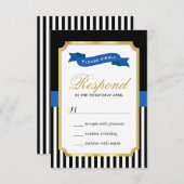 モダン金ゴールドブルー白黒ストライプRSVPカード 出欠カード (正面/裏面)