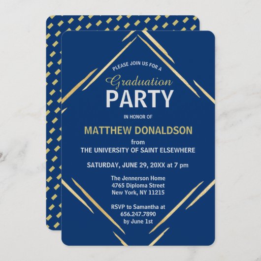 モダン金ゴールドブルー2025幾何学卒業パーティー 招待状 (正面/裏面)