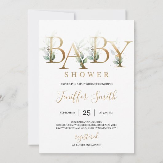 モダン金ゴールドホイル文字緑の葉赤ちゃんシャワー 招待状 (正面)