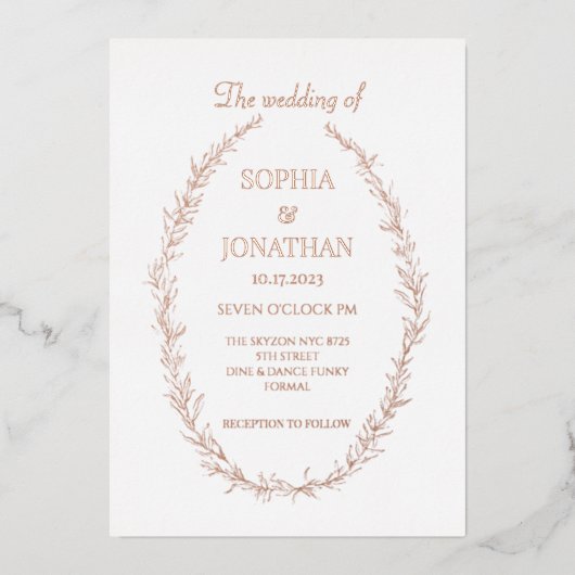 モダン金ゴールドホイ葉ル結婚式招待状 箔招待状 (正面)