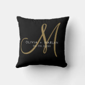 モダン金ゴールドホワイトモノグラム結婚ブラック クッション (裏面)