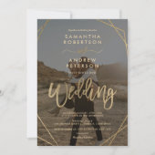 モダン金ゴールドボホシンプルフレームフォトスクリプ結婚ト 招待状 (正面)