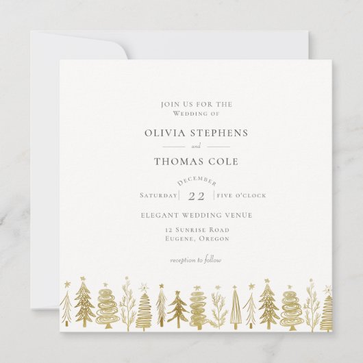 モダン金ゴールドミニマルクリスマスツリーウィンター・ウェディング 招待状 (正面)