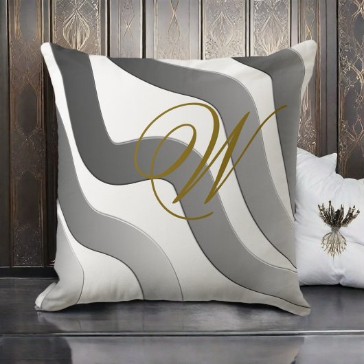 モダン金ゴールドモノグラム抽象芸術白黒線 クッション