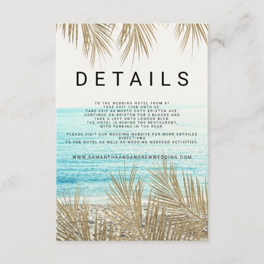 モダン金ゴールドヤシの木のビーチ写真の結婚詳細 エンクロージャーカード (正面)