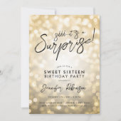 モダン金ゴールドライト写真サプライズSweet 16 招待状 (正面)