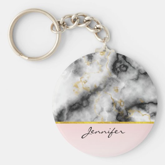 モダン金ゴールドリボン付きスモーキーな灰色の大理石 キーホルダー (正面)