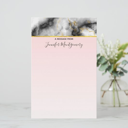 モダン金ゴールドリボン付きスモーキーな灰色の大理石 便箋 (スタンド正面)