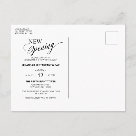 モダン金ゴールドリボン黒の新規開口部 インビテーションポストカード (裏面)