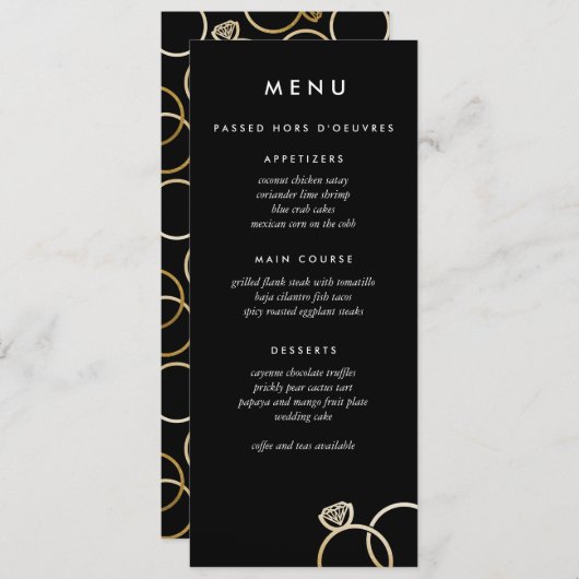 モダン金ゴールドリングや輪カスタムウェディングメニューブラック メニュー (正面/裏面)