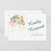 モダン金ゴールドリングや輪ワイルドバラ結婚ズ 出欠カード (正面/裏面)