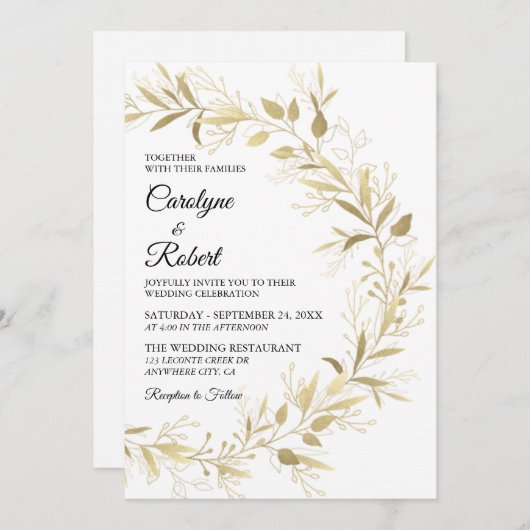 モダン金ゴールドリーフ結婚式招待状 招待状 (正面/裏面)