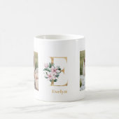 モダン金ゴールドレターEフラワー | 2フォトモノグラム コーヒーマグカップ (中央)