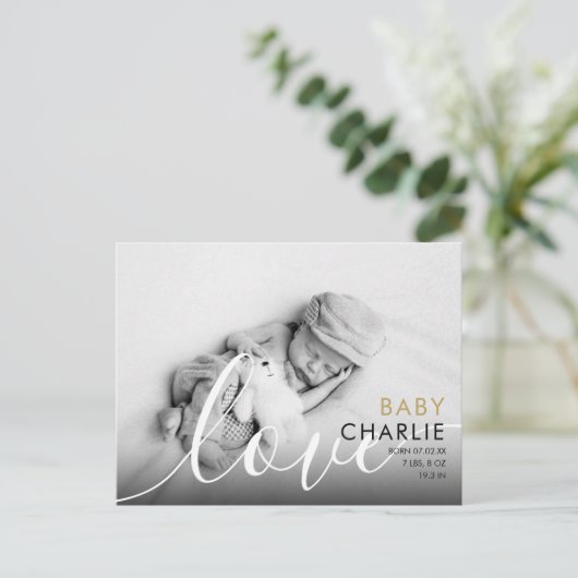 モダン金ゴールド写真ベビー誕生ありがとう ポストカード (スタンド正面)