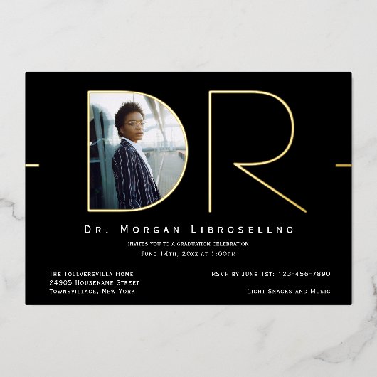 モダン金ゴールド写真DR卒業フォイル招待状 箔招待状 (正面)
