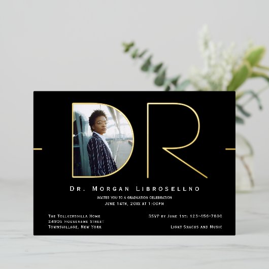 モダン金ゴールド写真DR卒業フォイル招待状 箔招待状 (立ち正面)