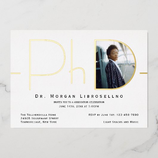モダン金ゴールド写真PhD卒業箔招待状 箔招待状 (正面)